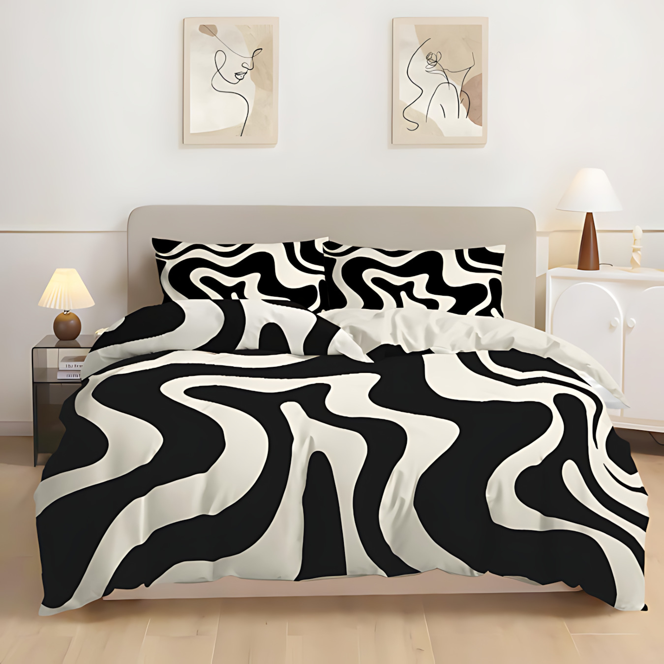 TEMU / JIT blanco y negro multicolor rayas 3D impresión digital colcha de cama set transfronterizo dibujo se puede ajustar
