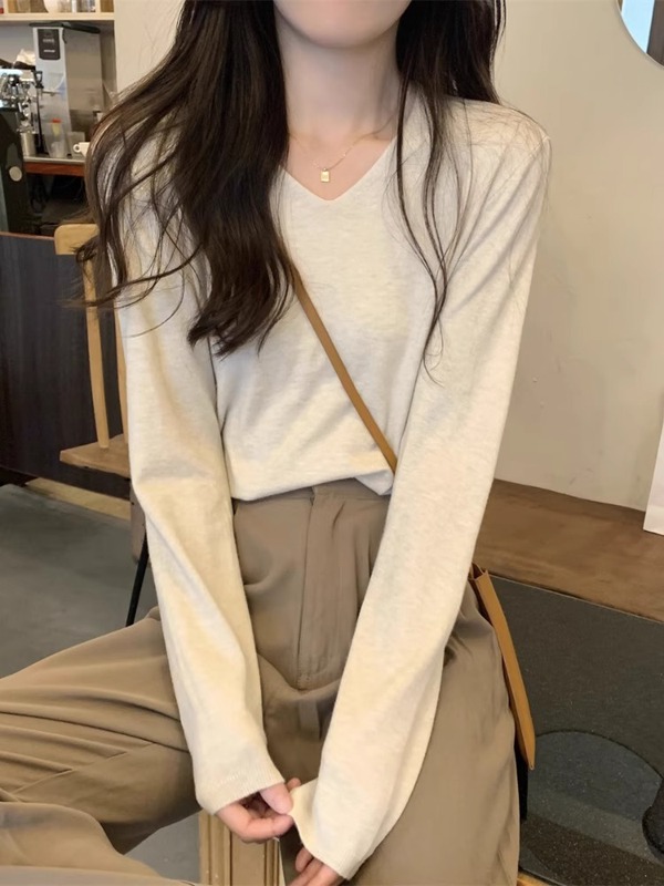春秋冬季2025新款韩版长袖V领套头内搭打底针织衫女宽松毛衣上衣|undefined