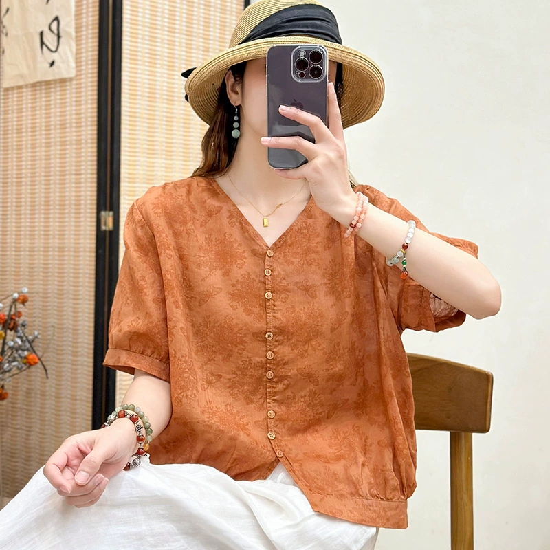 2025 Ретро темный принт Рами рубашка женская летняя новая темпераментная рубашка с рукавами