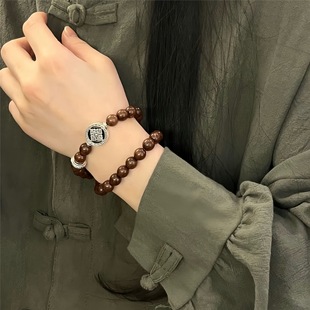 Natural Golden Sandalwood with Xizang Silver Vajra Bracelet for Boys and Girls Wooden Buddhist Bead Bracelet