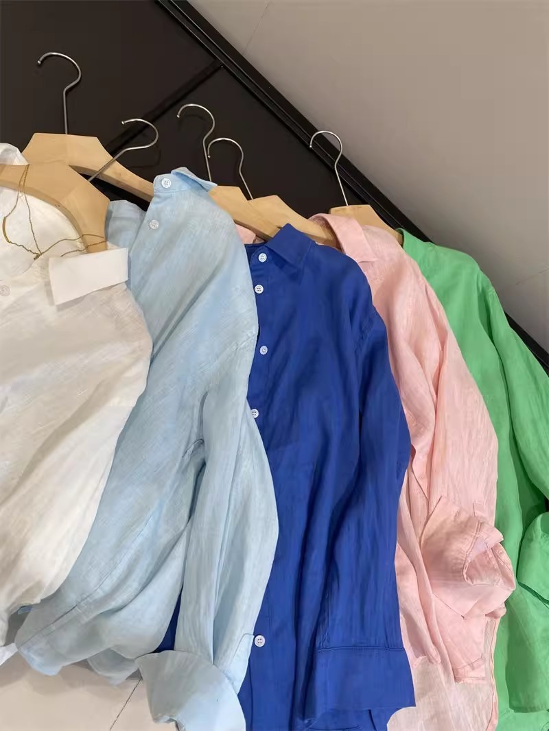 Áo sơ mi linen nữ tay dài phong cách Pháp, chất cotton pha lanh cao cấp, form rộng thoáng mát — màu xanh nhạt chi tiết 7