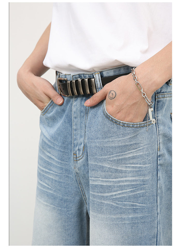 Quần jean nam ống đứng dáng suông rộng, vải denim giặt nước hiệu ứng nếp gấp, phong cách đường phố — Màu xanh lam chi tiết 11