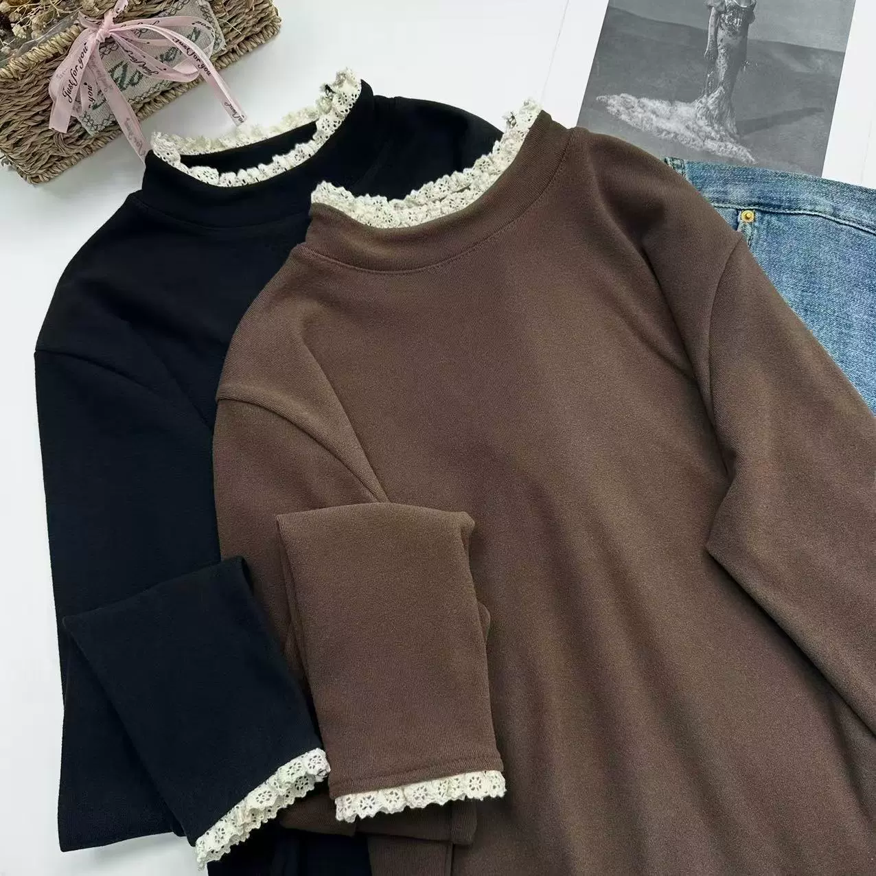 Зимний стиль с кружевным воротником темперамент тонкий свитер цвета карри черный Другие