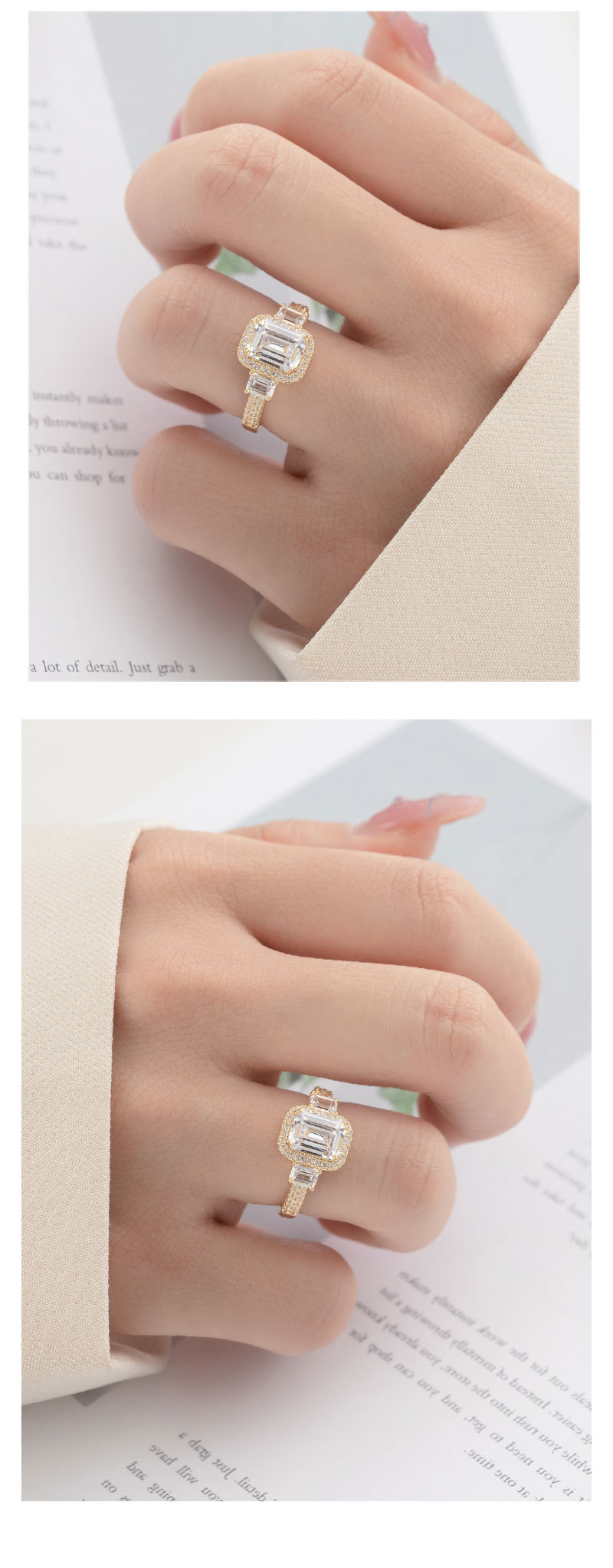 时尚奢华高级感方形开口戒指小众设计可调节食指戒经典