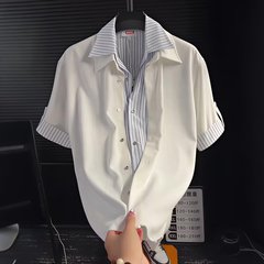 假两件条纹拼接短袖衬衫男夏季2025新款垂感宽松休闲双领半袖衬衣