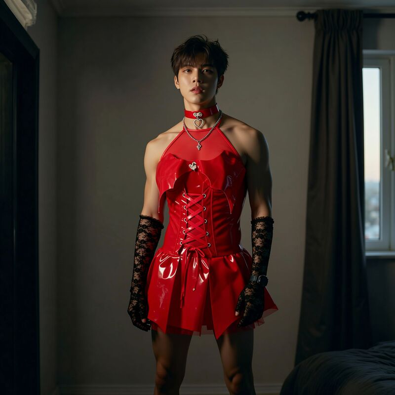 Plus-Size Male Erotic Little Devil Sexy Shiny Pu Halter Strap Sheer Short Skirt Set Cos Uniform Male Style Cross-Dresser Plus-Size Male Erotic Little Devil Sexy Shiny Pu Halter Strap Sheer Short Skirt Set Cos Uniform Male Style Cross-Dresser
