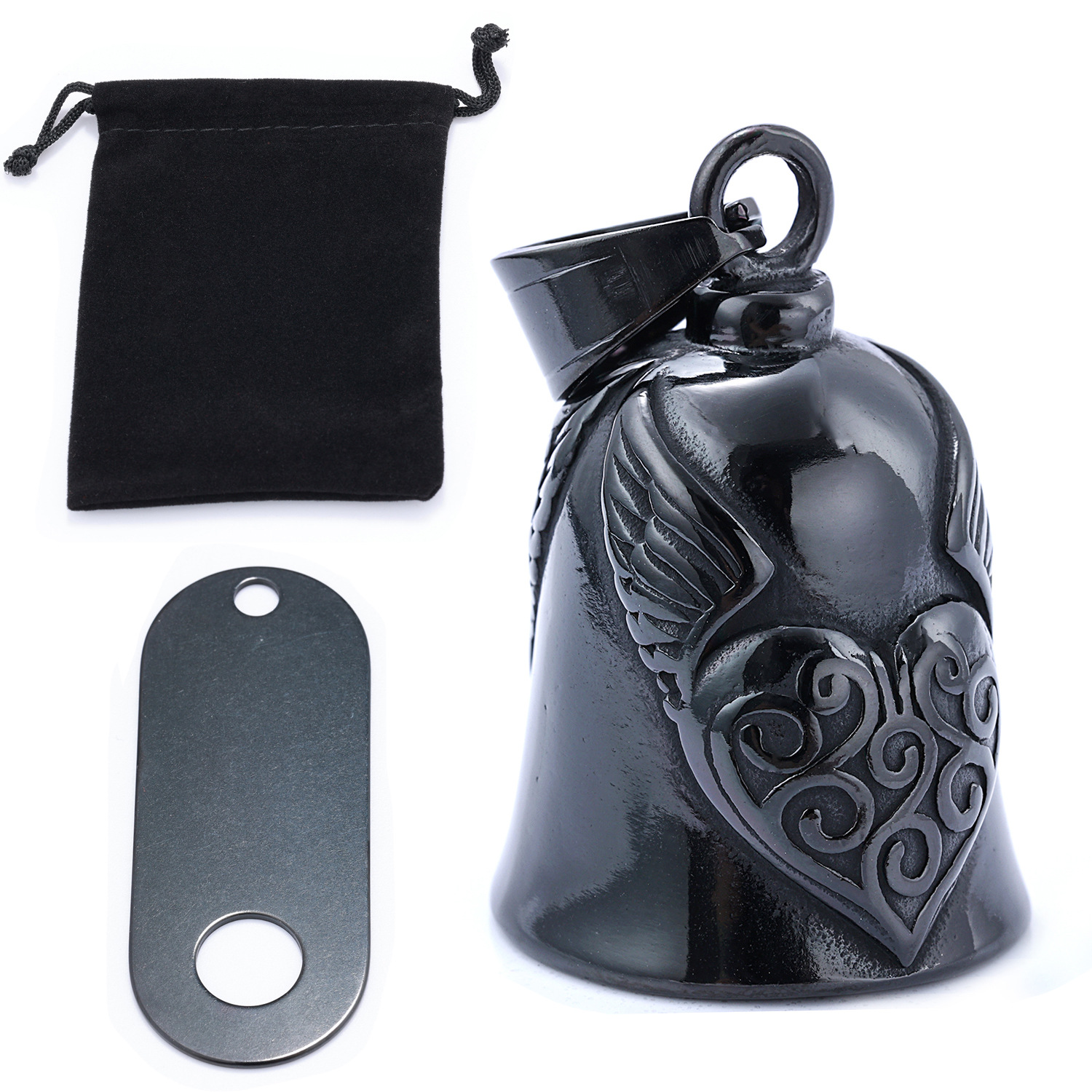 Moto de personalidad europea y americana transfronteriza, santo patrón de la conducción, material de acero inoxidable, alas de amor, campana, negro retro