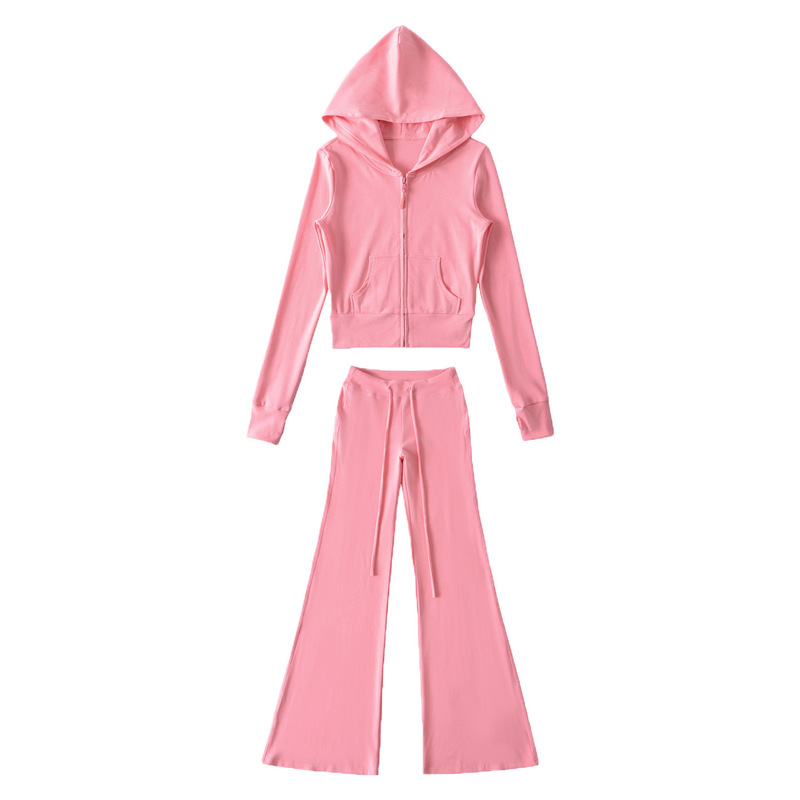 Purely desirable short slim-fit hooded sweatshirt cardigan and casual versatile drapey flared pants two-piece set for women