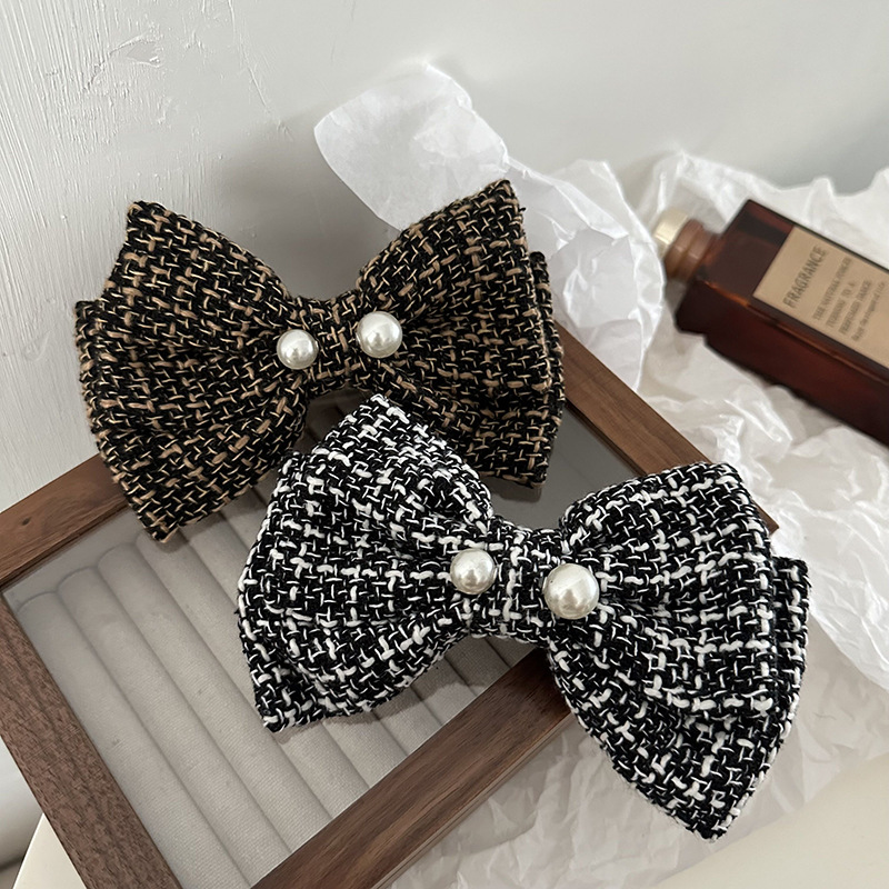 Französisches Karomuster, große Perle, Schleife, schwarz-weiß, Kopfbedeckung, Haarnadel, elegantes Hinterkopf-Frühlingsoberteil, kariertes Herbst- und Winterhaar_voghion.com