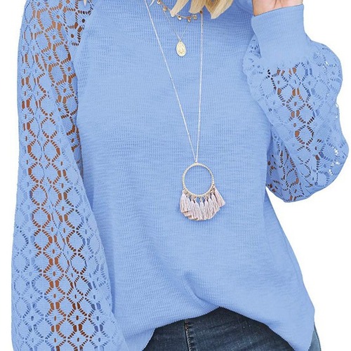 New 2025 Cross-border Amazon Autumn/Winter Round Neck Long Sleeve Lace Splicing Loose Top for Women, In Stock