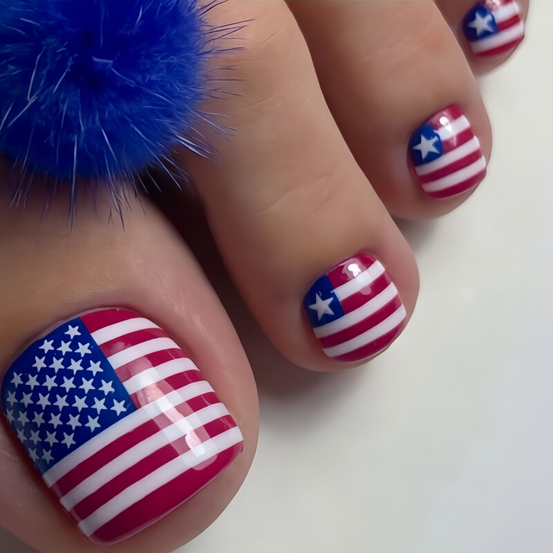 Independence Day Manicure Patriotic Flag Star Print Toenails Short Square Red White Blue Striped Design Toenails Independence Day Manicure Patriotic Flag Star Print Toenails Short Square Red White Blue Striped Design Toenails