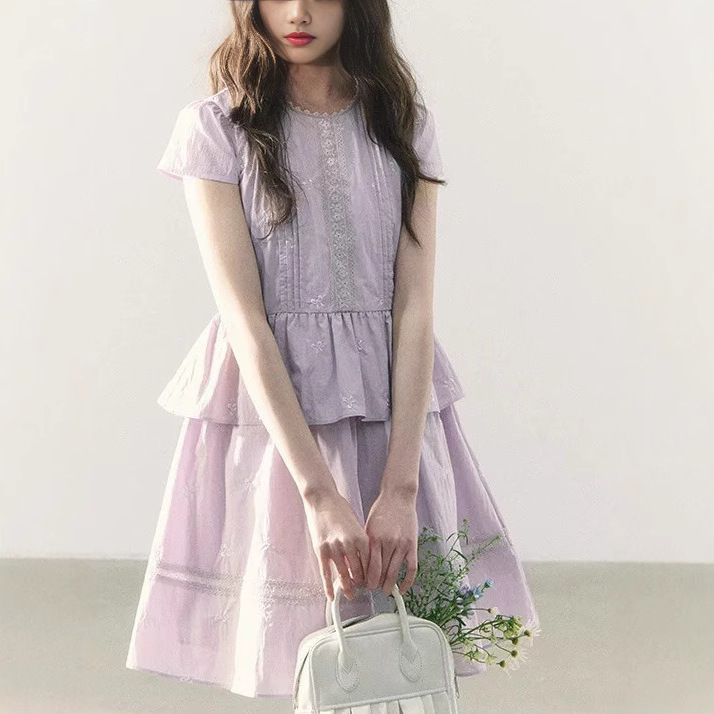 Lilac Sweet Short-Sleeved Baby Doll Dress Summer Heavy Embroidered Bow Dress/Suit