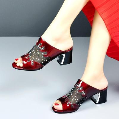 跨境大码夏季潮新款网纱女鱼嘴凉拖鞋粗跟妈妈低跟炫彩防台百休闲