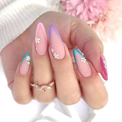 French Colored Edge, White Small Flower Design, Sandblasted Almond Nail Art, Western and European Style, High-End and Elegant, Wholesale Finished Product