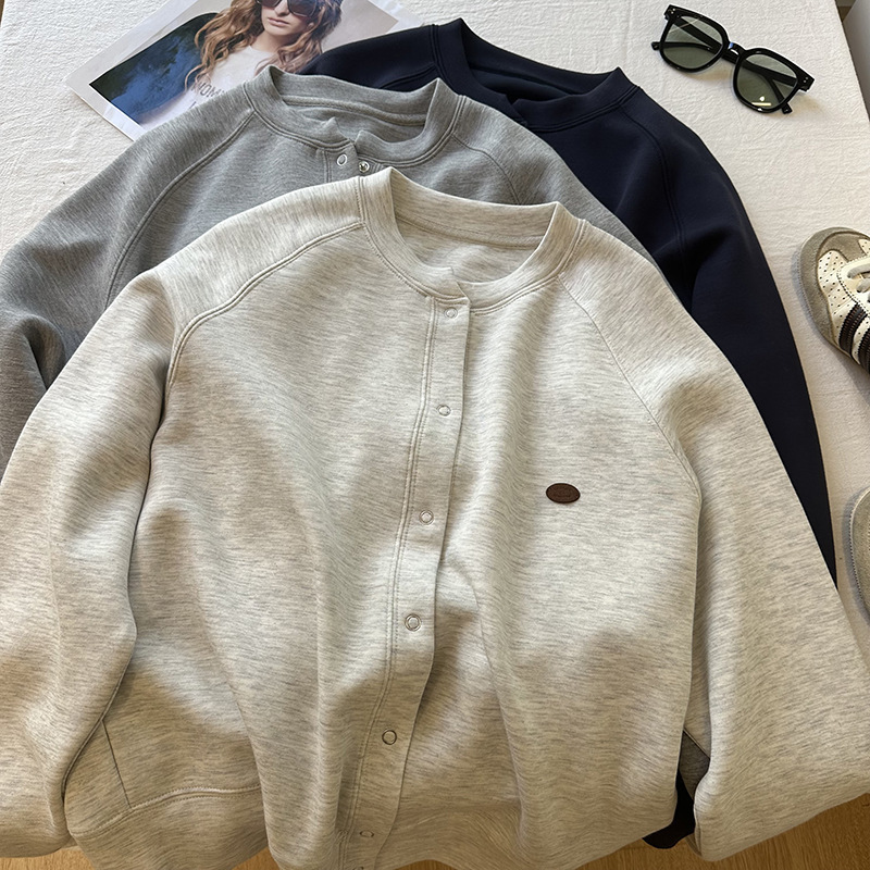 Air Cotton Casual Sports Cardigan Sweatshirt for Women, New Autumn 2026 Korean Style, Simple Loose Fit, Petite Baseball Jacket Air Cotton Casual Sports Cardigan Sweatshirt for Women, New Autumn 2026 Korean Style, Simple Loose Fit, Petite Baseball Jacket