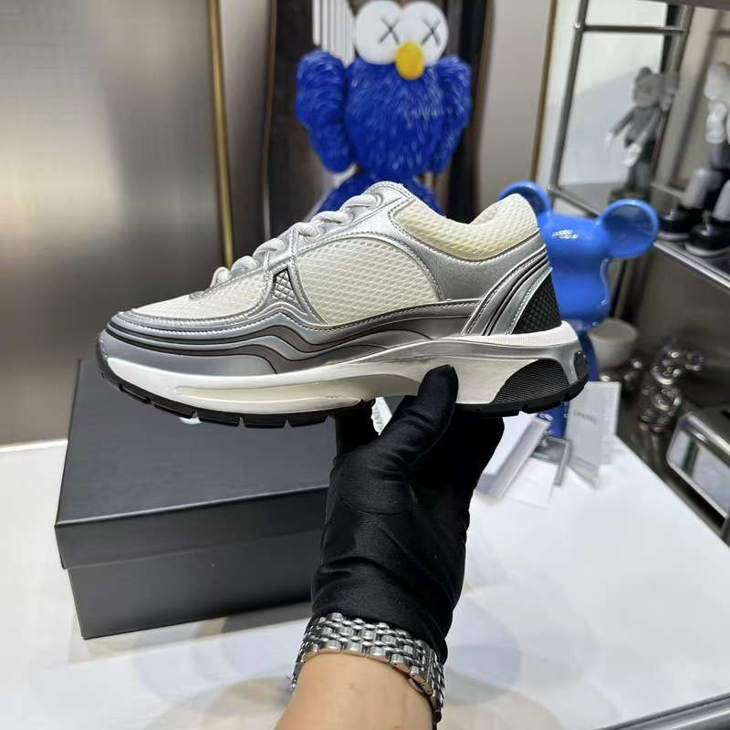 New Style Chanel-Inspired Dad Sneakers, Silver Toe King Sports Casual Shoes, Height-Increasing Genuine Leather Versatile Women's Silver Shoes, Fashionable