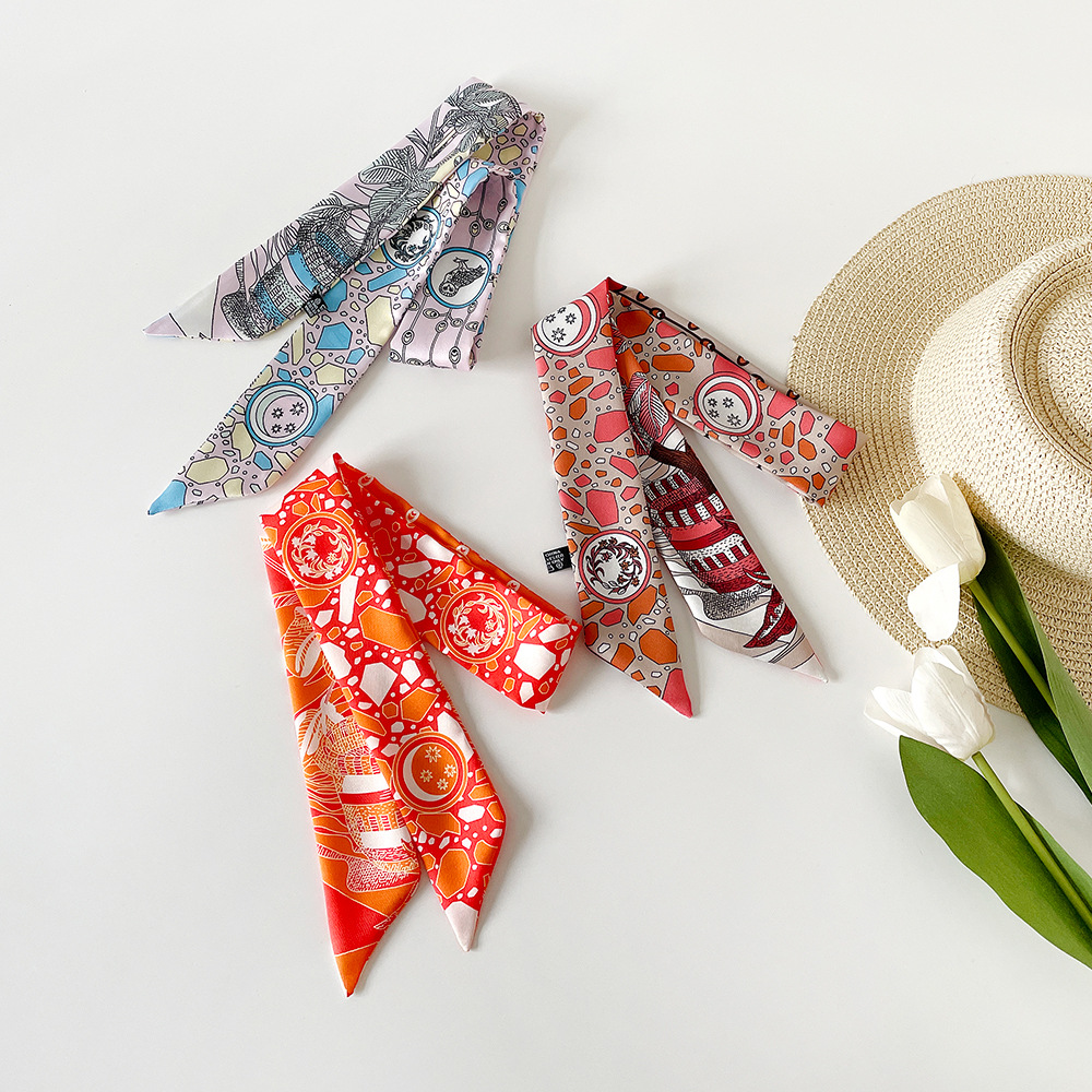 25g Weight scarf Hair Accessories Type Silk Scarf Classification Daily, Street Occasion satin Material Printing, Bag Pattern All Seasons Season Women's Gender Elegant, Retro Style Women's Elegant Retro Printing Bag Satin Silk Scarf 无