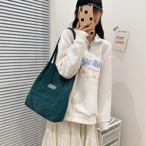New corduroy women's portable tote bag, large capacity, stylish student tutoring shoulder bag, soft girl shopping bag
