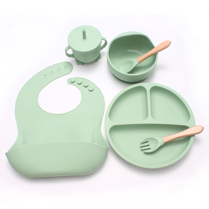 Vajilla para niños al por mayor transfronteriza, tazón de alimentos, plato de silicona, babero de tenedor y cuchara para bebé, juego de 8 piezas, productos maternos e infantiles a prueba de caídas