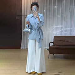 2025秋季流行多巴安穿搭套装女系带收腰显瘦休闲衬衫阔腿裤两件套