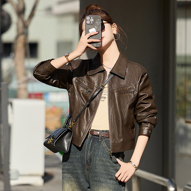 Haining New 2025 Spring and Autumn Popular Casual Sheepskin Leather Jacket Genuine Leather Jacket Women's Short Style Haining New 2025 Spring and Autumn Popular Casual Sheepskin Leather Jacket Genuine Leather Jacket Women's Short Style