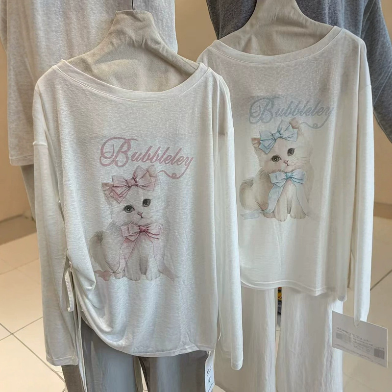 Spring and Summer Korean Style Loose Cartoon Print Cat Long-Sleeved T-Shirt Women's One-Shoulder Slanted Shoulder Top Sun Protection Clothing