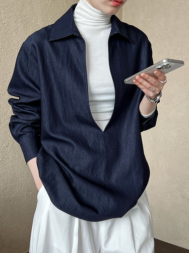 Luxi light mature long-sleeved V-neck shirt for women 2025 autumn new fashionable imitation denim overlap top 8696