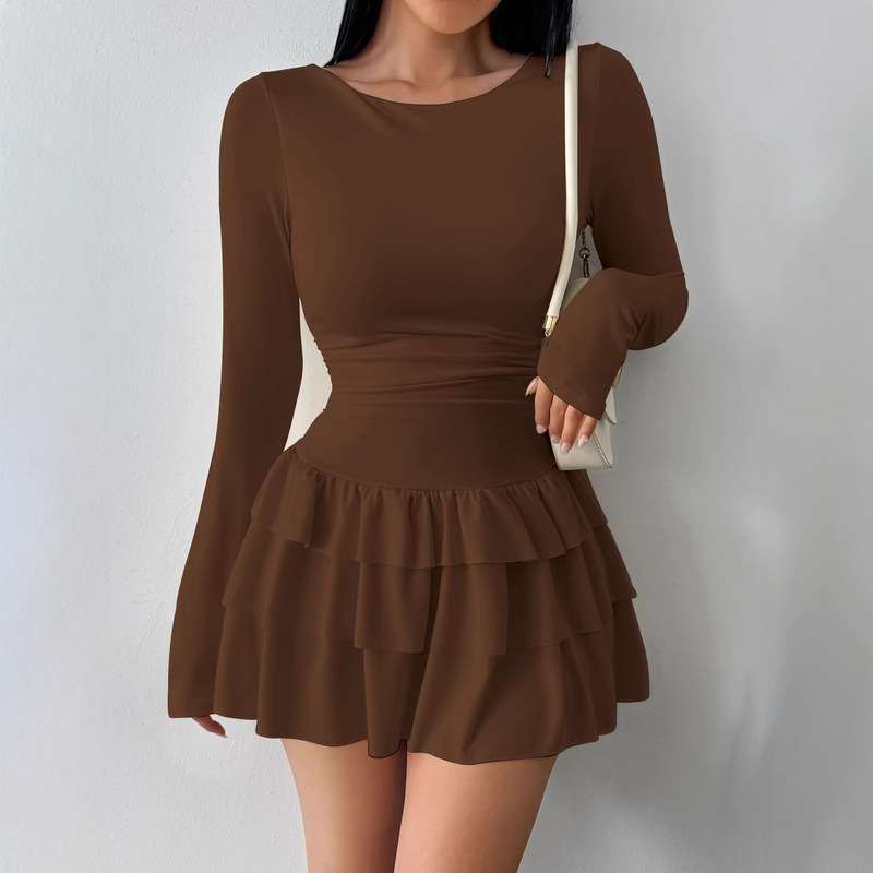 Amazon Cross-Border European and American New Women's Clothing Autumn and Winter Solid Color Slimming Elegant Long-Sleeved Dress Women's High-End