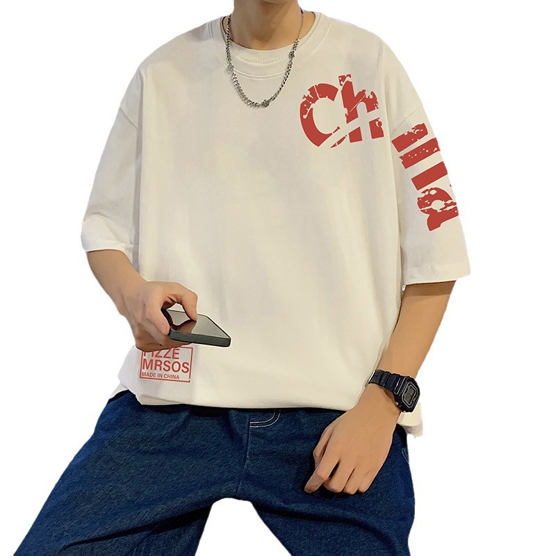 Hong Kong Style National Fashion Short-sleeved T-shirt Men's Summer 2023 New Ins Fashion Brand Men's Loose Half-sleeved Couple's Pure Cotton T-shirt