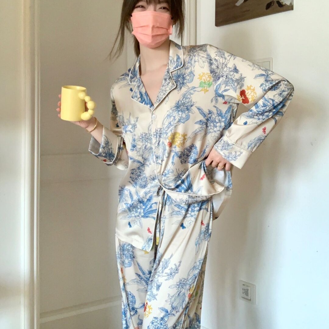 莫奈花园~浪漫花卉睡衣女长袖长裤家居服套装柔滑缎面睡衣月子服