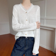 精仿羊毛欧根纱针打底织假开衫女秋冬款V领蕾丝花边甜美气质上衣