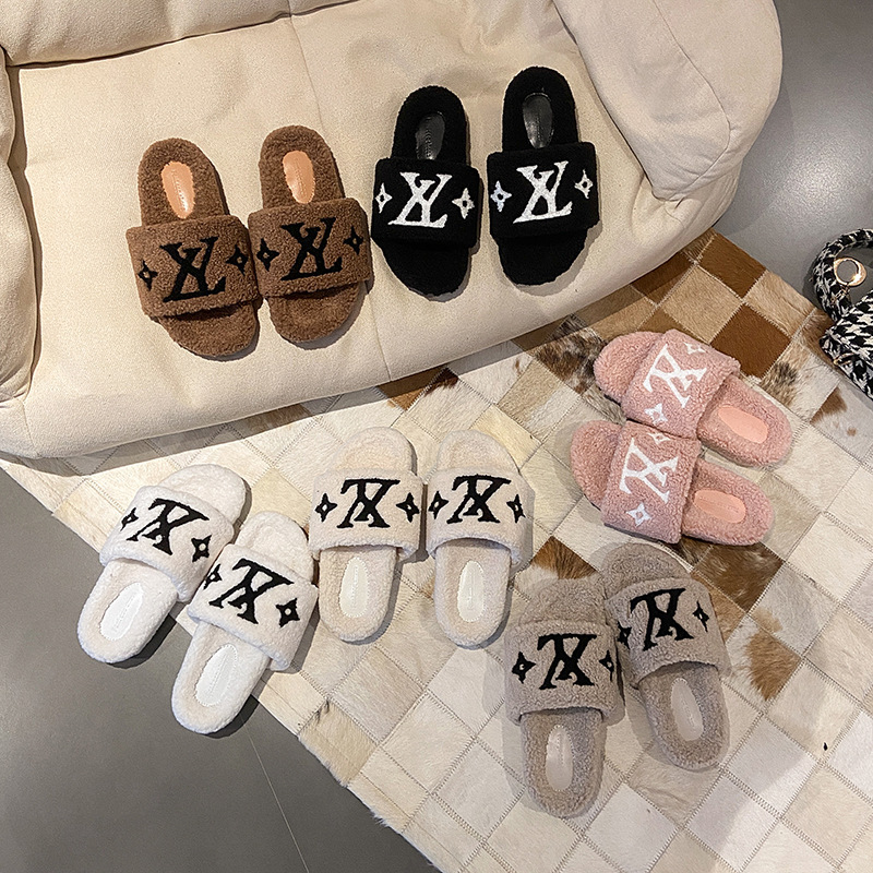 韩版七色毛毛拖鞋女外穿2025秋冬新款厚底字母家居棉拖鞋ins潮鞋|undefined