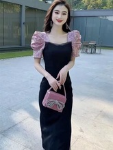 网红同款连衣裙2023年夏季新款撞色印花泡泡短袖拼接显瘦中长裙子