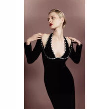 2024跨境爆款新款连衣裙 重工复古v领挂脖镶钻长袖黑色高定礼服