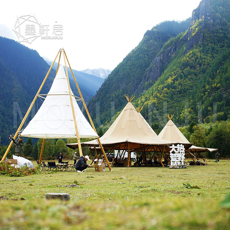 西藏户外网红营地酒店帐篷金字塔竹节灯笼帐篷露营酒店蓬房搭建