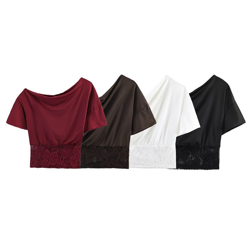 Foreign Trade European and American Style 2026 Autumn New Fashion Lace Patchwork Off-Shoulder Short-Sleeve Solid Color Waist-Cinching T-Shirt Foreign Trade European and American Style 2026 Autumn New Fashion Lace Patchwork Off-Shoulder Short-Sleeve Solid Color Waist-Cinching T-Shirt
