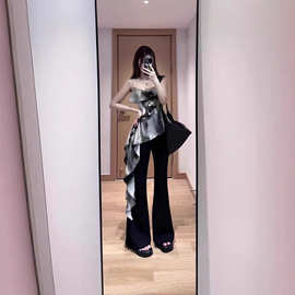 美式晕染甜辣荷叶边吊带上衣女夏装不规则chic设计感外穿无袖背心