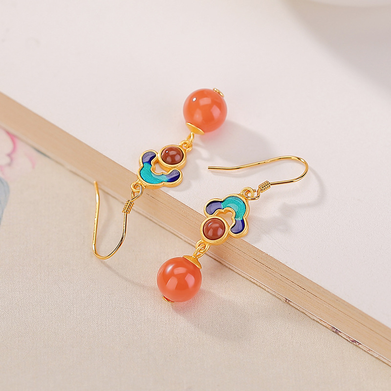 Khuyên tai dài nam bạc S925 mạ vàng nước đỏ mã não đỏ men cloisonné họa tiết Xiangyun — Một cặp