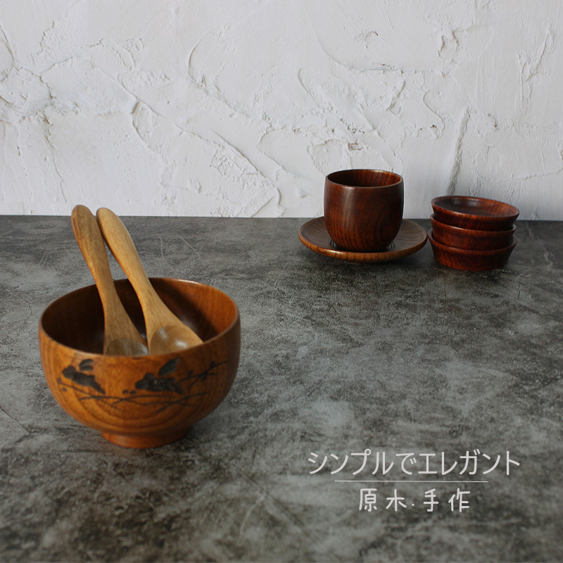 酸枣木碗成人儿童宝宝木质餐具套装大号日式木饭碗 碗碟三件套