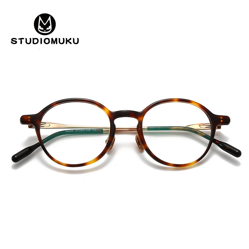 STUDIOMUKU Gafas de madera fresca Marco de gafas de diseño retro Placa Marco de gafas hecho a mano de titanio puro Marco de marco redondo