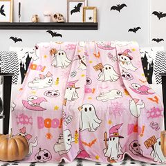 Uimchwpハロウィーン毛布、ピンクの幽霊布毛布、面白いかわいい毛布、フランネルは柔らかい