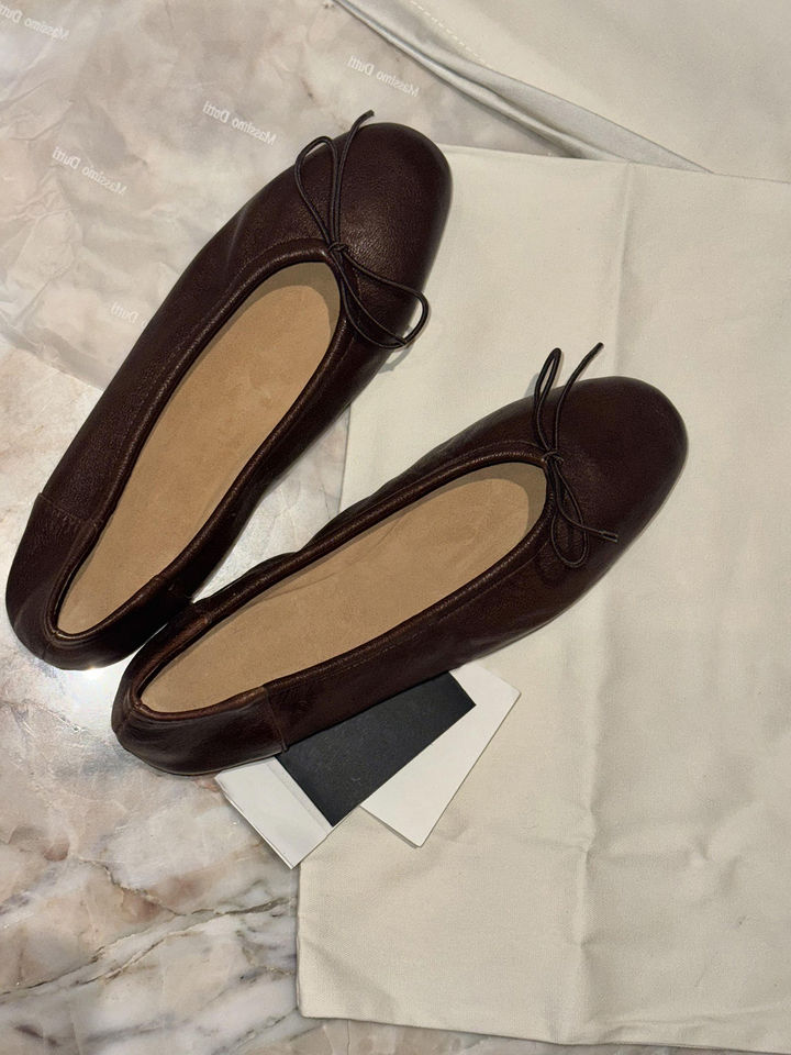 Giày búp bê nữ da bò đính nơ phong cách retro, đế bệt mũi tròn xỏ chân cổ thấp — Màu nâu (da) chi tiết 9