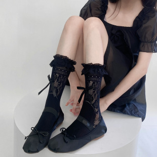 Spring and Summer y2g socks women's ballet style lace bow mid-calf length socks thin Lolita jk pile socks
