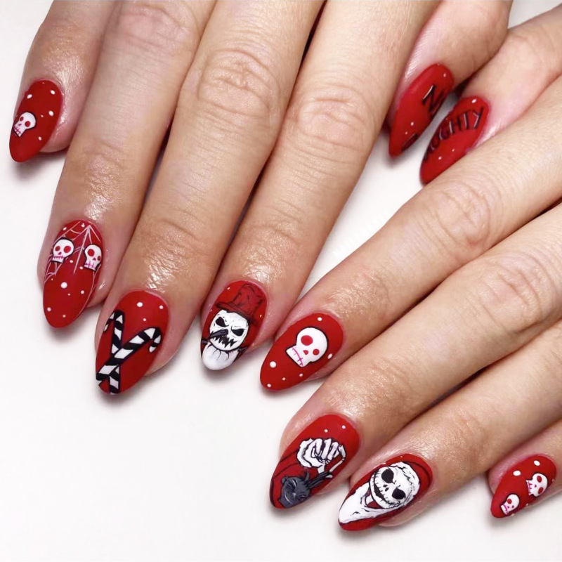 Red frosted Christmas Ghost skull design almond wear nail piece patch candy snowflake fake nail piece