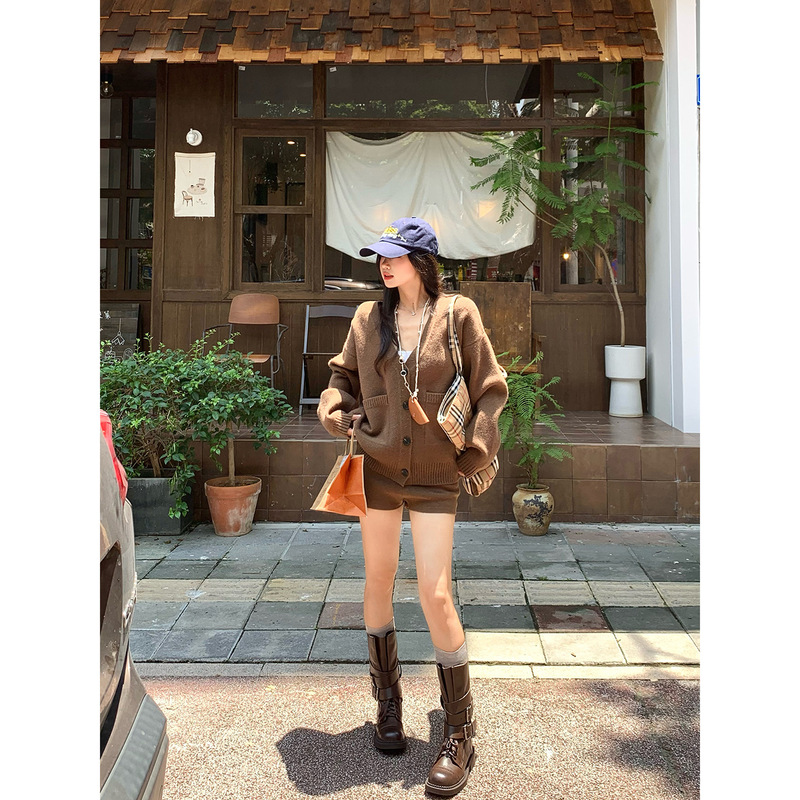 小仙倪子软糯松弛感针织衫套装秋季爆款美拉德宽松开衫短裤两件套|undefined