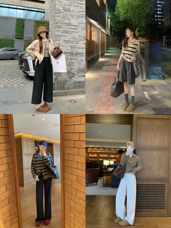 牛皮版~葡萄ma同款内增高4cm复古小金扣包头半拖鞋女懒人勃肯鞋|undefined