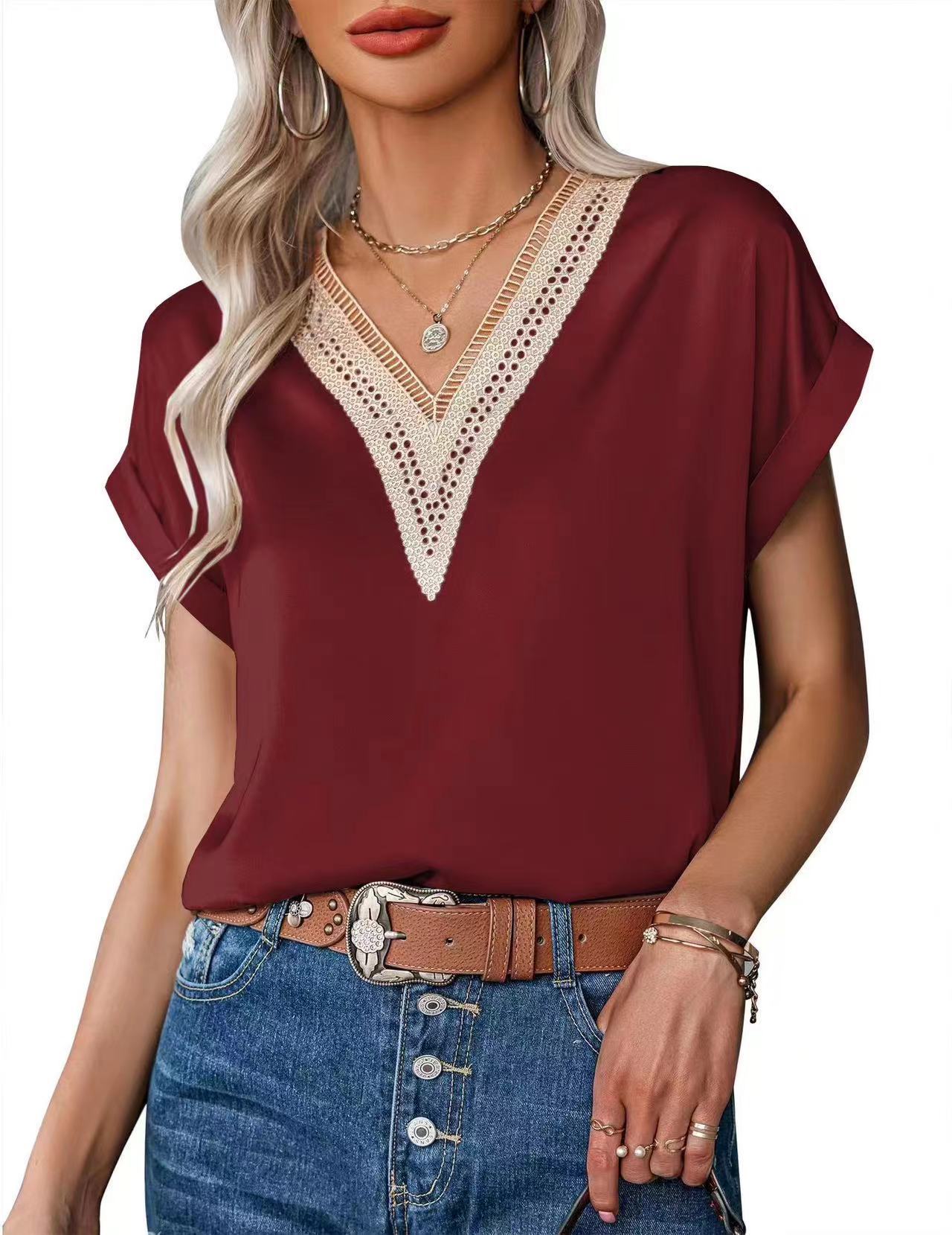 Nueva camiseta de encaje con cuello en v Camiseta de manga corta suelta de satén para mujer Estilo de viaje transfronterizo Ropa de mujer de Amazon europea y americana image 11