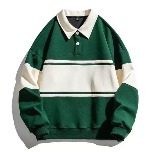 Men's Striped Sweatshirt Spring Hong Kong Style Collar Loose Long Sleeve Cotton Couple's Top POLO Shirt