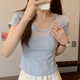 不规则u领短袖t恤女新款韩版修身高腰显瘦短款学生纯色上衣2025潮
