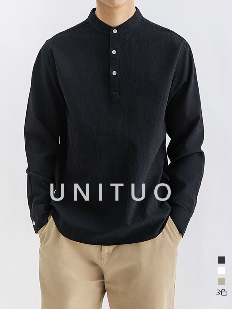Nuevo estilo chino de hombre Waffle Henry camisa de cuello hombre sensación de alto cuello casual camisa de hombre de manga larga camiseta